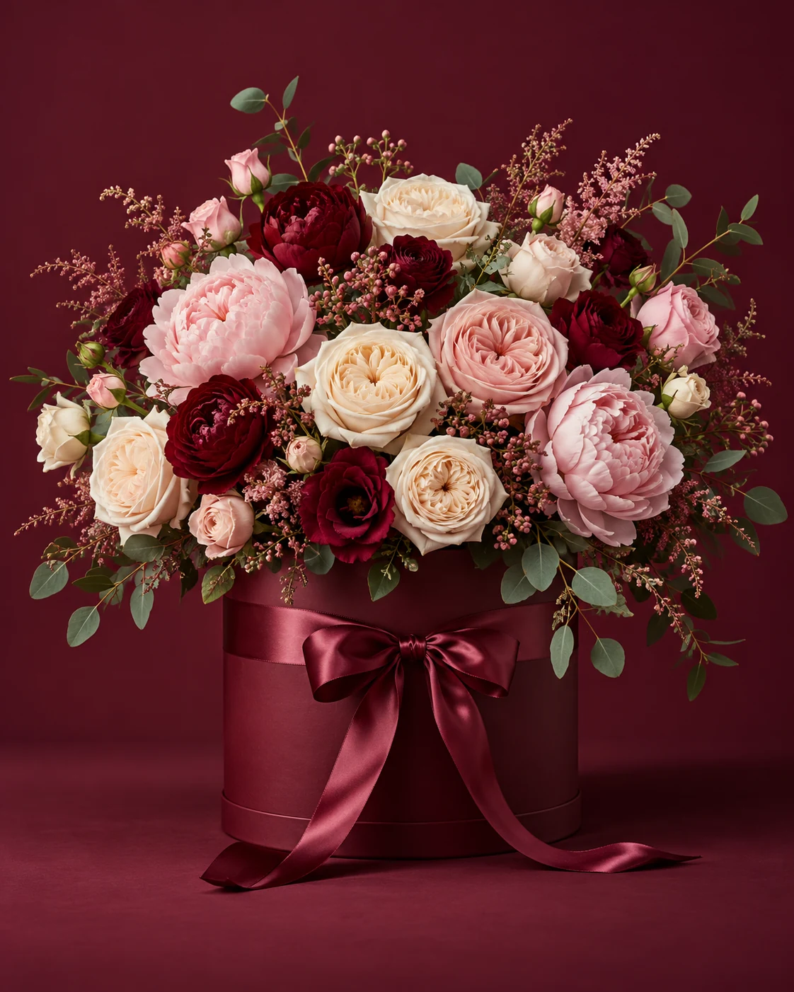 Compoziție florală sculpturală, cu petale bogate, pe un fundal burgundy